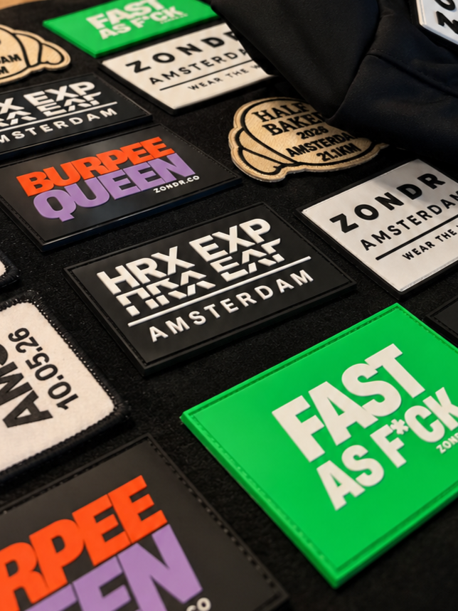 Custom ZONDR velcro patches in PVC, including FAST AS F*CK, BURPEE QUEEN and club patches